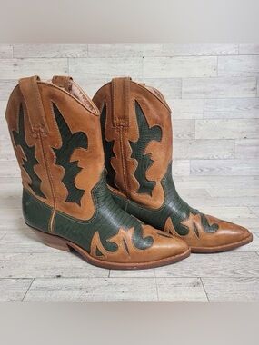 Women’s Circle S Western Brown Green Leather Wingtip Inlay Cowboy Boots Size 6